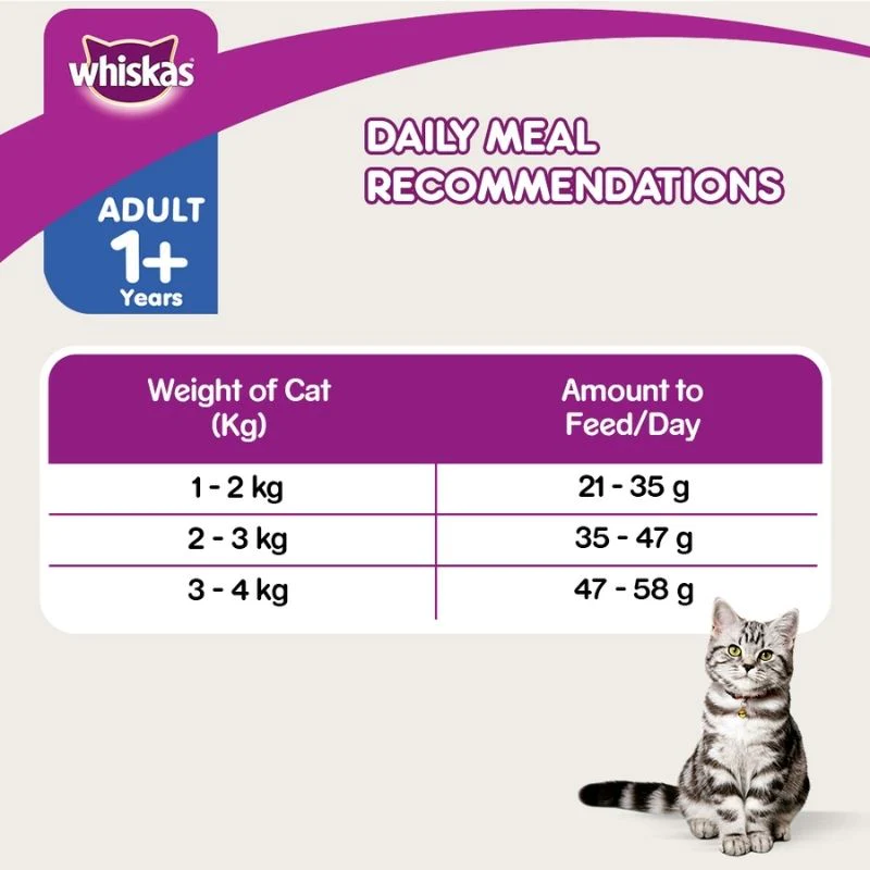 Whiskas Dry Cat Food for Adult Cats (1+ Years), For Healthy Skin & Coat - Guide