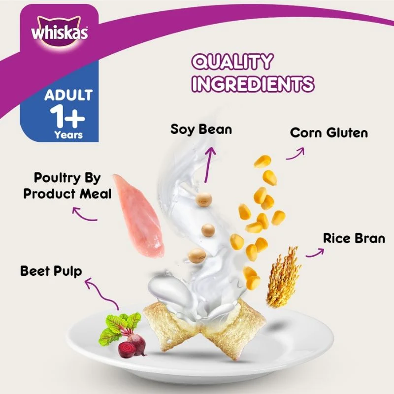 Whiskas Dry Cat Food for Adult Cats (1+ Years), For Healthy Skin & Coat - Ingredients