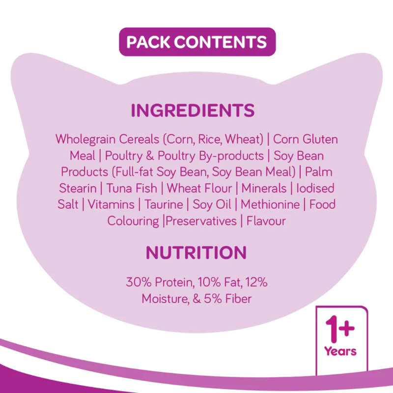 Whiskas Dry Cat Food for Adult Cats (1+ Years), Tuna Flavour - Pack contents
