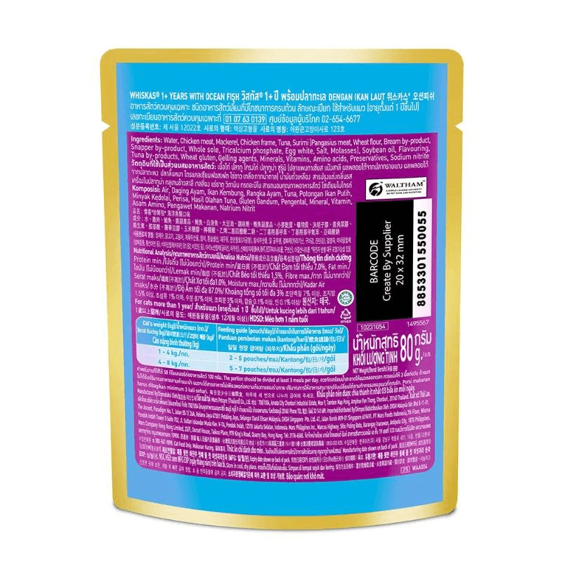 Whiskas Adult (1+ year) Wet Cat Food - Ocean Fish - (80g x 24 Pouches) - Back